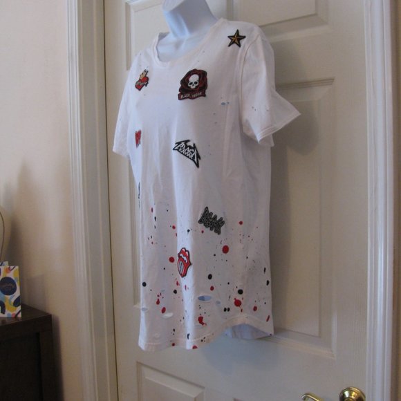 Black Kaviar Tshirt Tee Medium Destroyed Ink Spots Patches White Excellent SALE - Picture 4 of 6